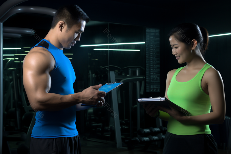 健身房内男教练和女教练交谈健身锻炼强身健体将康生活实拍锻炼背景,高清,摄影图,摄影图片,图片大全,摄影图免费下载